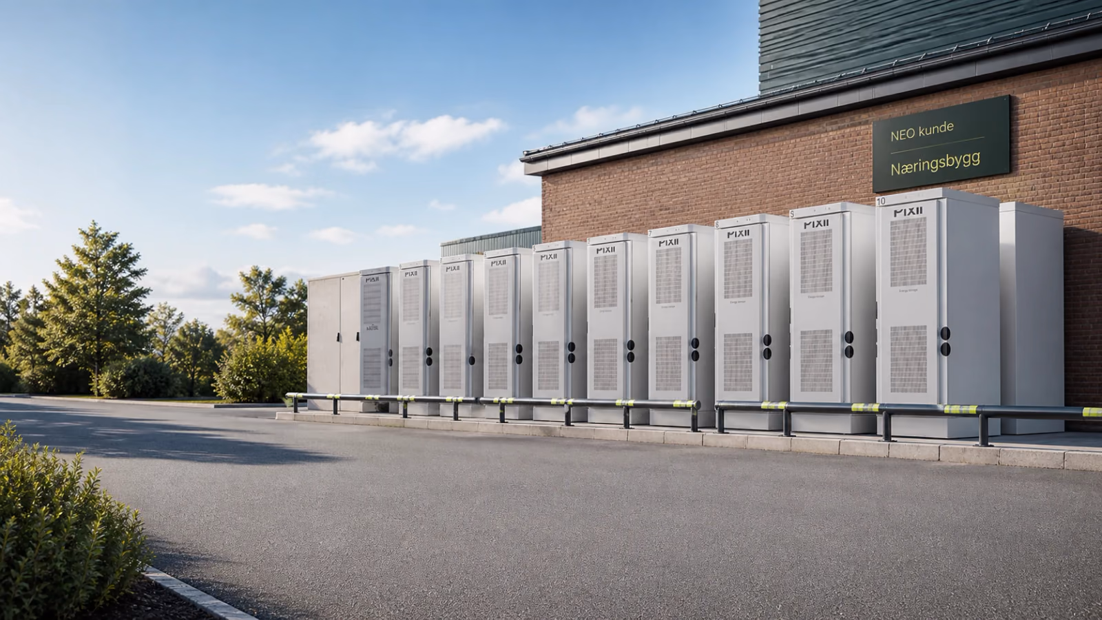 Illustrasjon av et stort batterianlegg ved et næringsbygg
