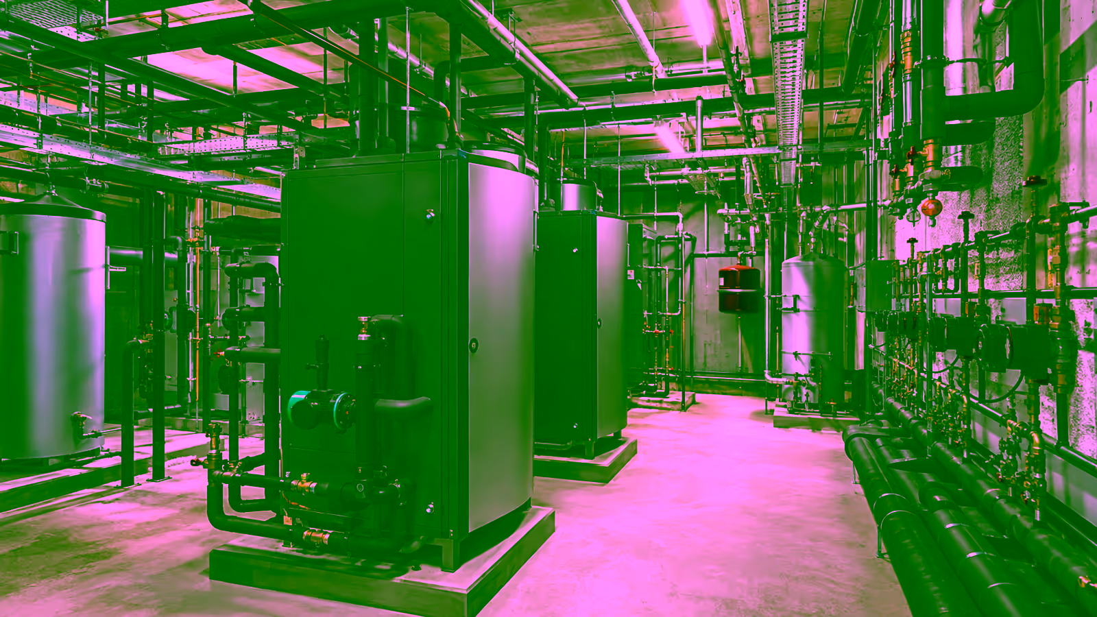 Illustrasjon av ryddig energisentral med varmepumper, rør og teknisk utstyr