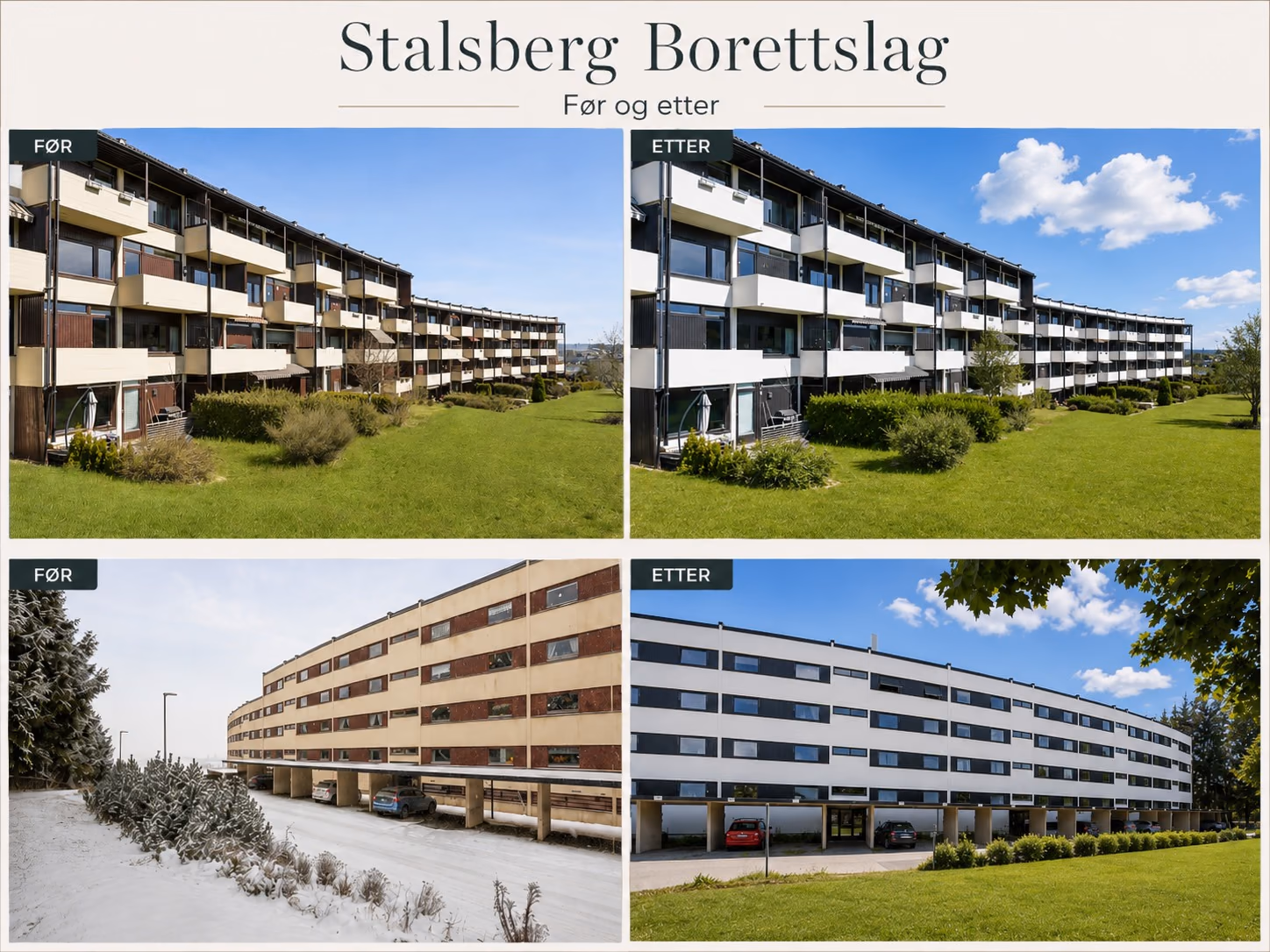 To deler av Stalsberg borettslag før og etter rehabiliteringen